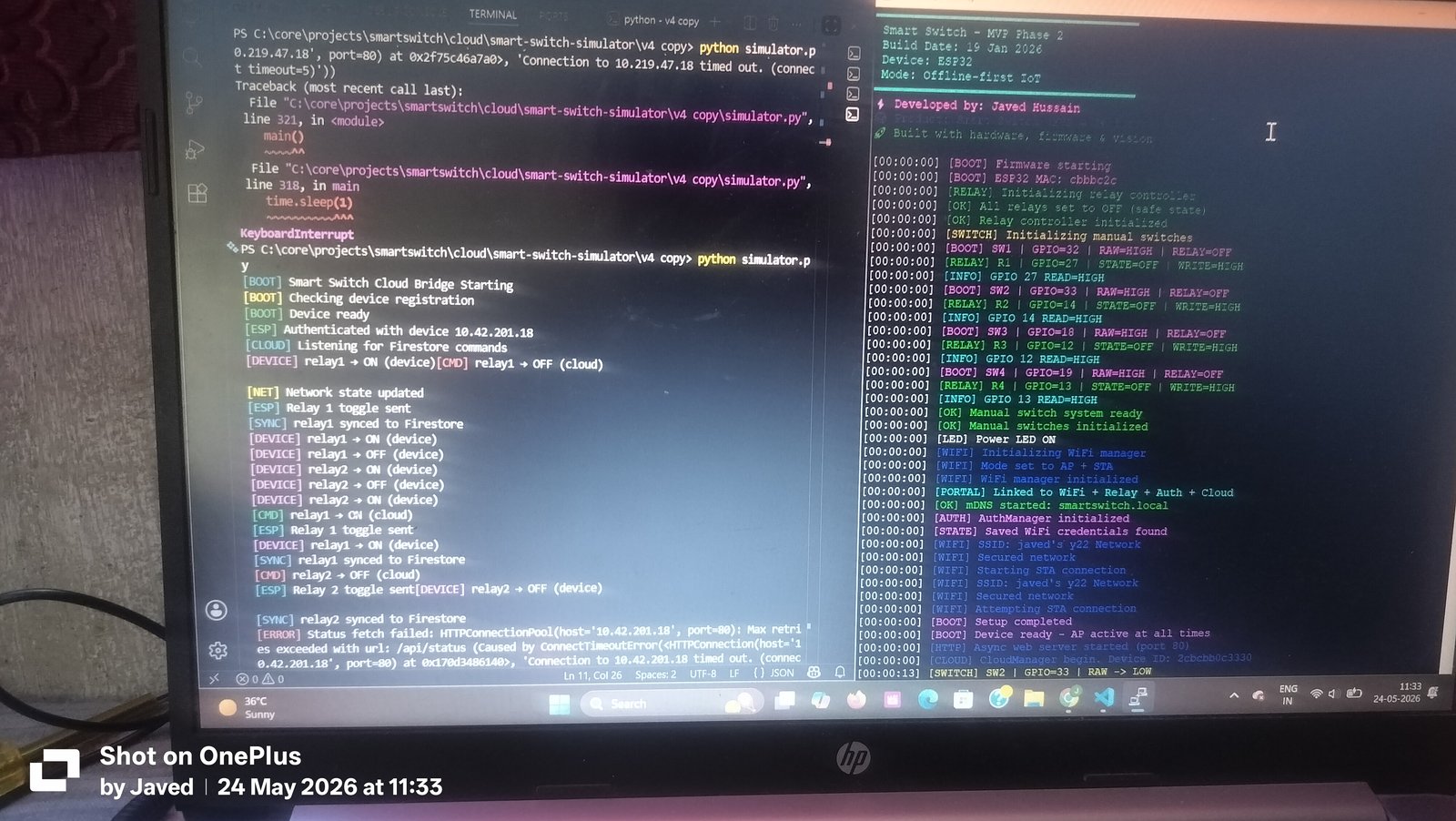 Figure 5: Dual-terminal development environment: Python Firestore cloud bridge simulator on the left, and PlatformIO serial monitor (115200 baud) on the right showing mDNS resolution and state transitions.